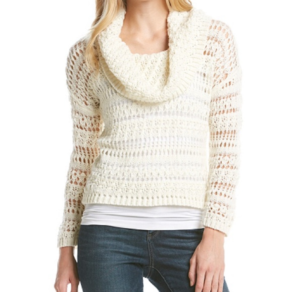 (Size S, L) DKNY Cream Crochet Cowl Neck Sweater
